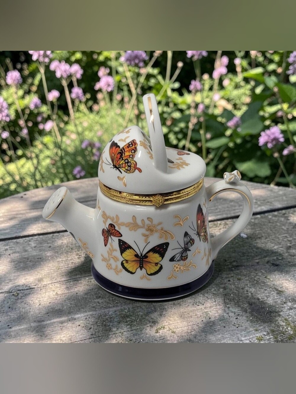 Formalities Baum Bros Butterfly Collection Hinged Teapot Trinket Box Golden Trim